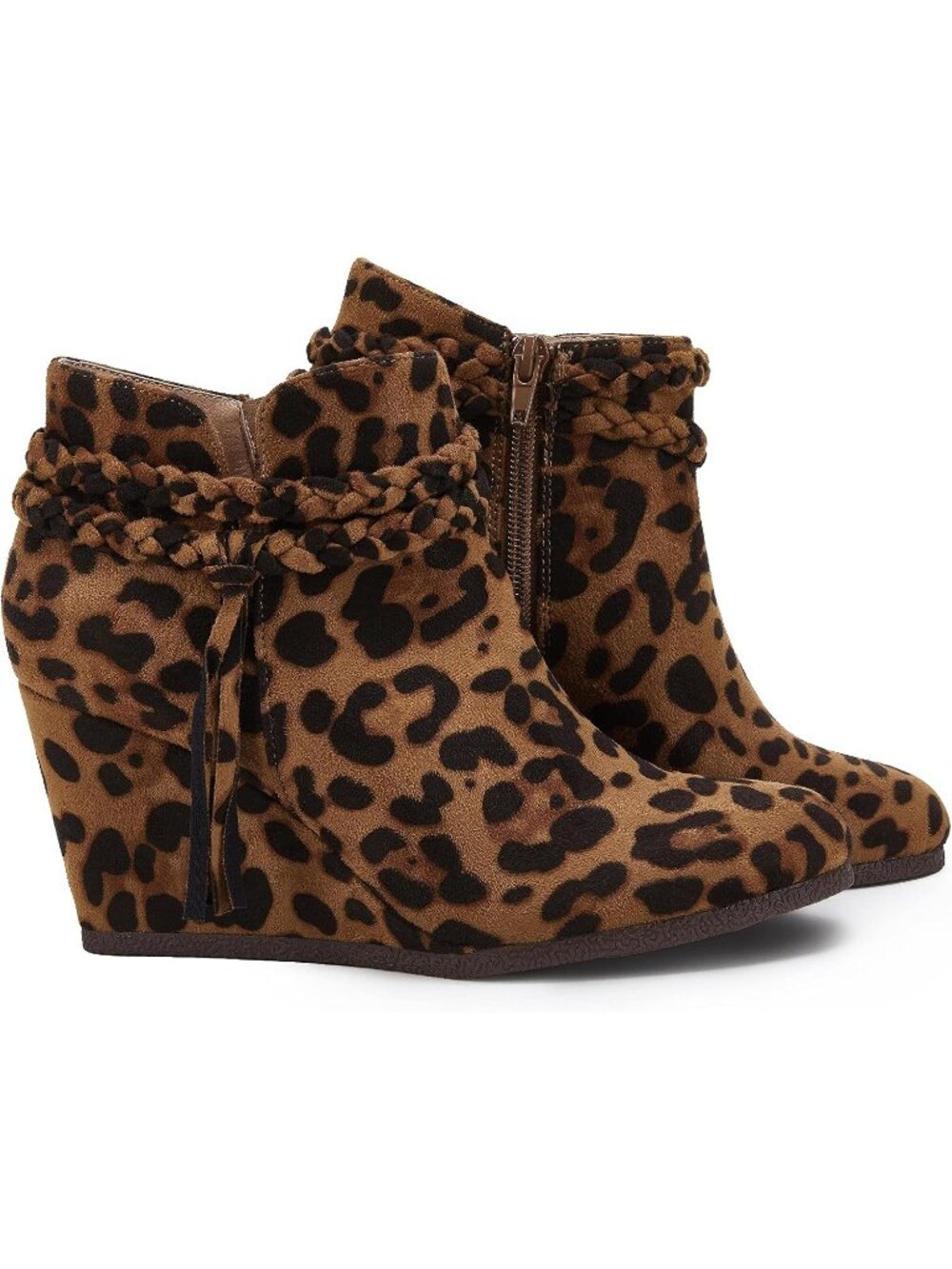 Women's Leopard Wedge Ankle Boots Braided Fringe Strap Western Heel Booties